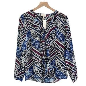 NWT Laundry by Shelli Segal Long Sleeve Ruffle Front Printed Blouse Blue White 2